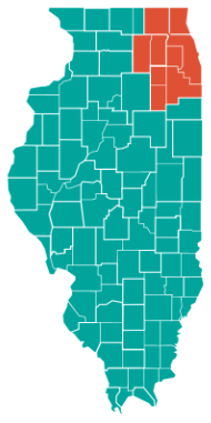 This is a map image of all counties in the state of Illinois. The counties associated with Chicagoland are highlighted.